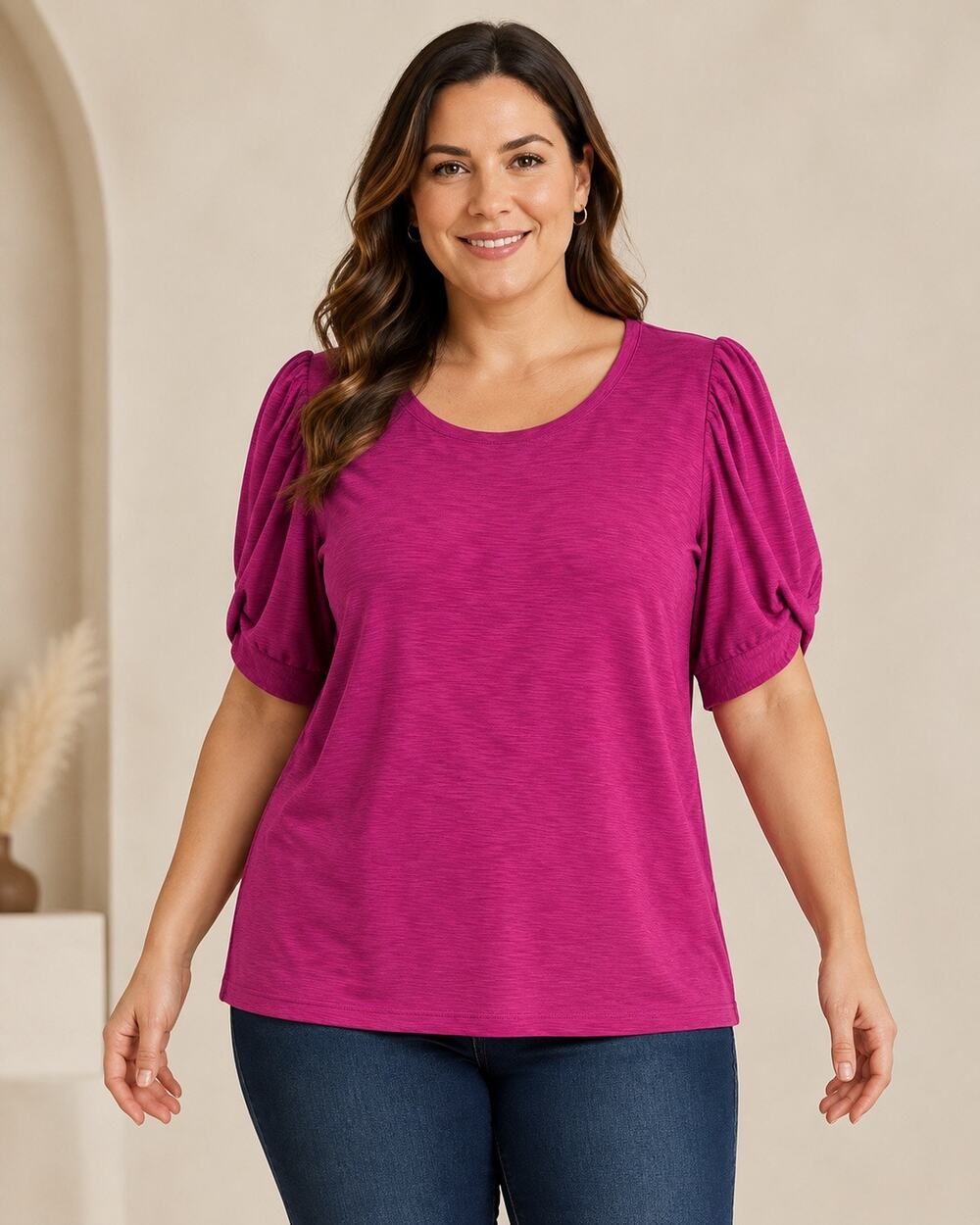 INC International Concepts Magenta Ruched Puff Sleeve Knit Top Large